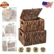 Elegant Hand-Woven Wicker Basket Set with Lids & Handles - 2 Pack Natural Charm