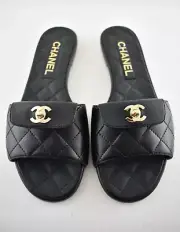 Chanel REV Black Turnlock Quilted Gold CC Logo Mules Slide Sandal Flop Flat 37