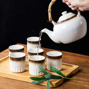 日式大茶壺飯店用餐廳竹柄手提杯套裝陶瓷復古提梁水壺單壺泡茶壺