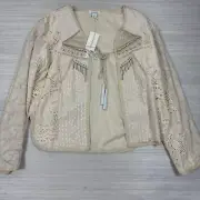 Sundance Embroidered Open Front Cream Jacket Tassel Ties Boho Hippie Size L NWT
