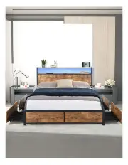 [Levede] RGB LED Double Bed Frame With StorageinBrown