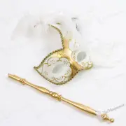 Side Feather Glitter Mask Venetian Halloween Party Eye Masks White Gold W/ Stick