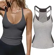 [Acmplla] 2 Pack V Neck Tank Tops for Women Built in Bra Racerback Womens Tank Tops Basics Yoga Ribbed Gym Sleeveless Shirts