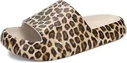 [Homtechly] Pillow Slippers for Women, Leopard Print Non-Slip Cloud Slides, Quick Drying Shower Bathroom Sandals, Comfy Open Toe Platform Slide Sandals, Thick Sole Super Soft Sandals, for Indoor and Outdoor