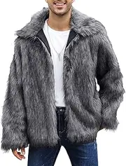[Qolkmuiy-GJ] Mens Warm Thicken Furry Overcoat Trendy Short Faux Fur Coat Solid Color Long Sleeve Fur Y2K Outerwear