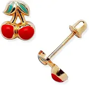 [JewelryWeb] 14k Yellow Gold Enamel Screw Back Cherry Earrings 9x8mm Stud Earring for Women