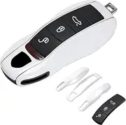 Rolling Gears Remote Key Fob Shell Cover and Key Rubber Button Replacement Compatible with Porsche 911, Cayman, Boxster Key Fob (White)