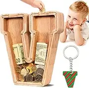 summidate Personalized Large Unbreakable Wooden Letter Piggy Bank A-Z Alphabet Money Coins Bill Customize Name Box (Initial-V) Transparent