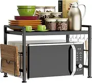 YIUKEA Extendable Microwave Oven Rack - Adjustable Kitchen counter shelf, 2 Tier Microwave Stand (L15.7~23.6" xW12.8 xH17.7) with 6 Hooks for Kitchen Countertop Organizer (Black)