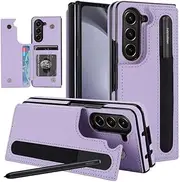 Rugged Leather Wallet Card Slot Stand Phone Case with Pen Holder for Samsung Galaxy Z Fold5 Fold 4 Fold 3 Hard Phone Stand Cover,Purple,for Samsung Z Fold5
