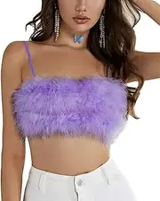 [Newfancy] Women Rave Festival Feather Crop Tops Faux Fur Spaghetti Straps Tube Top for Concert Club Party