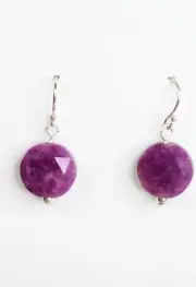 Lepidolite Purple 12mm Coin Natural Gemstone .925 Sterling Silver Earrings 1"