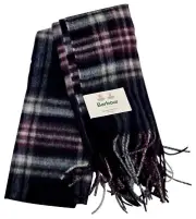 BARBOUR Cordovan Blue White Check Tartan Soft 100% Lambswool Tassel Scarf