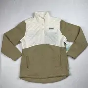 Magellan Womens Large White /Tan 1/4 Button Long Sleeve Sherpa Pullover Fleece