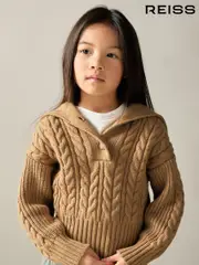 Reiss Camel Etta 4-9 yrs Cotton-Blend Open-Collar Cable-Knit Jumper With Wool (AD5008) | $75