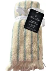 Brooks Brothers Fingertip Towels Ivory Blue Stripe Fringe Set of 2 Turkish