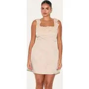 Plus Warm Beige Lace Button Up Trim Corset A-line Dress, Warm Beige