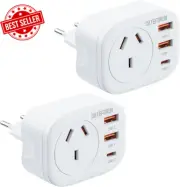 2x AU to EU Travel Adapter Type C Plug with 3 USB Ports Europe Bali Converter