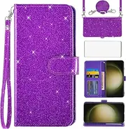 [Asuwish] Mobile Phone Case for Samsung Galaxy S23 Ultra 5G Case with Strap, Protective Film, Card Slot, Foldable, Glitter, Leather, Wallet, Stand, S23Ultra 23S, S 23, 23 Ultra Mobile Phone Cases,