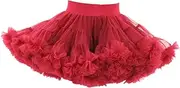 [perfk] Girls Tutu Skirt Elastic Waistband Dancewear Red Pettiskirt Tiered Dance Dress