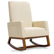 Giantex Modern Rocking Chair Upholstered Fabric Armchair w/ Rubber Wood Base Mid-Century Leisure Recliner Beige