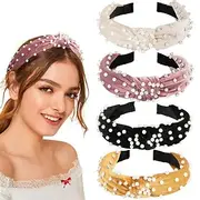 Pearl Headbands for Women, Beaded Headband Non Slip Wide Top Knot Head Bands, Black White Pink Gold Headband with Pearls Hair Accessories for Women and Girls D