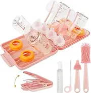 Rrwin Bottle Brush Cleaner Kit with Baby Bottle Drying Rack, Exendable Silicone Bottle Brush, Nipple Brush, Straw Brush, Soap Dispenser & Storage Box. Compact Size for Babies and Moms,Pink