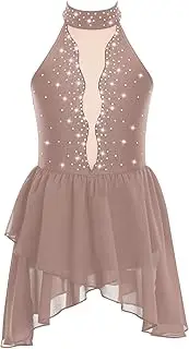 [Sxiwei] Kids Girls Sparkly Rhinestone Sleeveless Mock Neck Figure Ice Skating Dress Gymnastic Skirted Leotard