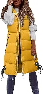 Women's 2023 Autumn Reversible Vests Sleeveless Fleece Jacket Long Warm Winter Coat Outerwear Zip Hoodie Pockets, A2 Yellow, Large, A2 yellow, Large