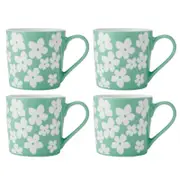 4PK Mikasa 360ml Wax Resist Green Flower Coffee Mug Cup Clay