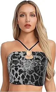 [TiaoBug] Womens Leopard Print Sequin Crop Top Sexy Backless Halter Lace-Up O-Ring Hollow Out Vest Tank Tops