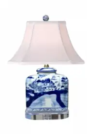 Blue And White Porcelain Jar w/ Village Scenery Table Lamp w/ A Cry Base 19”