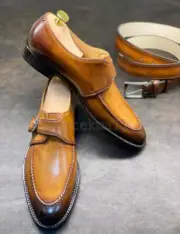Handmade Men's Leather Single Monk Strap Tan Formal Patina Fashion Shoes-456