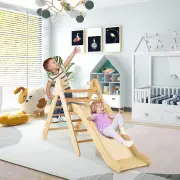 Costway 2 in 1 Kids Wooden Climbing Triangle Set with Slide-Natural