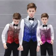 Boys Kid Sequin Vest Tank Tops Waistcoat Gradient Gilet Costume Fancy Dress