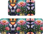Flower Diamond Painting Print Kitchen Floor Mat 2 Sets Non-Slip Rugs for Kitchen Laundry Office and Home Decor