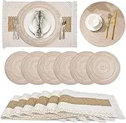 LAMCAN Placemats Set of 6, Washable Round Braided Place Mats, with Coasters Set. Handmade Boho Placemats Set, 20" Heat Resistant Table Mats, for Dining Table Kitchen