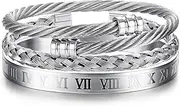 [Kakonia] 3Pcs Stainless Steel Bracelets for Men Roman Numeral Bangle Bracelet Adjustable Cuff Bracelet Twisted Cable Bracelet Mens Luxury Bracelets Jewelry Gold/Silver