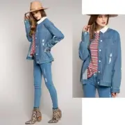 POL Blue Denim Mandarin Collar Distressed Button Down Jacket NWT