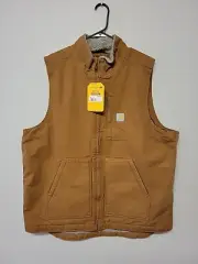 Carhartt Men Loose Fit Washed Duck Sherpa-Lined Mock/Neck Vest Brown Sz L