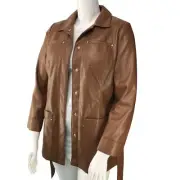 Chicos Womens Sz 1 US 8 M Vegan Leather Utility Jacket Camel Mid Length Belt NEW