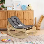 Baby Bouncer,Adjustable Baby Rocker, 3-in-1 Wooden Baby Rocker Chair with 5-Point Harness, Baby Recliner Seat for Infant to Toddlers,Grey