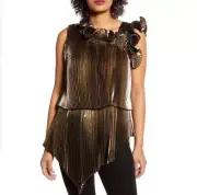 Halogen X Atlantic Pacific Women’s Gold Metallic Pleated Ruffle Top Size XS