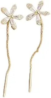 [OVNMFH] Shiny Diamond Flower Earrings,Crystal Flowers Tassel Chain Dangle Drop Earrings, Sweet Cute Flower Crystal Temperament Geometric Shiny Zircon Earrings Statement Earrings for Women Girls (Gold)