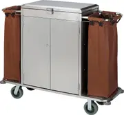 Dolphy Stainless Steel Housekeeping Trolley 140x45x106 cm - Brown Hotel Cleaning Cart with Lockable Cabinet, Side Bags & Heavy-Duty Wheels
