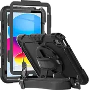 Herize iPad 10/11th Generation Case 10.9 Inch 2022/2025 with Scren Protector Pen Holder | iPad A16 A2757/A2777 Case | Heavy Duty Shockproof Rugged Protective Cover W/Handle Strap Sholuder Strap Black