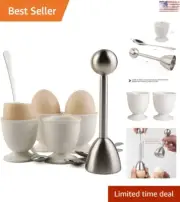 Multipurpose Egg Cracker Set - Stainless Steel Cutter - Ceramic Cups - 4 Spoons