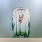 Chico's Ombre Beaded Tunic Top SS Tropic Emerald Rayon Size 3/XL White Green NWT