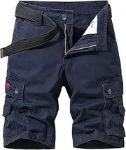 [PHJTOMK] Mens Buckle Zipper Cargo Shorts Loose Fit Multi Pocket Work Short Military Paratrooper Vintage Style Camo Shorts, Blue 7, 32