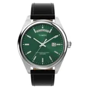 Timex Legacy Day/Date Stainless Steel Leather 41mm Silver Green Watch TW2W57300
